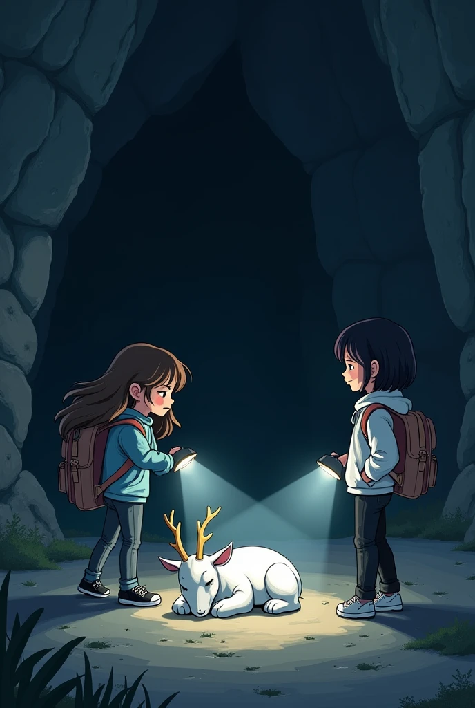 2 girls, one have long brown hair wearing blue shirt and jeans, other one have short black hair wearing white hoodie and black jean. both wearing black sneakers and carrying light brown backpack, pointing flashlight at a white fur creature, shaped like goat, big body, have deer's antler, sleeping on ground, inside dark cave, 2d style semi realistic, night time, a little bit scary