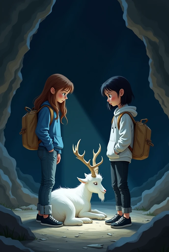 2 girls, one have long brown hair wearing blue shirt and jeans, other one have short black hair wearing white hoodie and black jean. both wearing black sneakers and carrying light brown backpack, pointing flashlight at a white fur creature, shaped like goat, big body, have deer's antler, sleeping on ground, inside dark cave, 2d style semi realistic, night time, a little bit scary