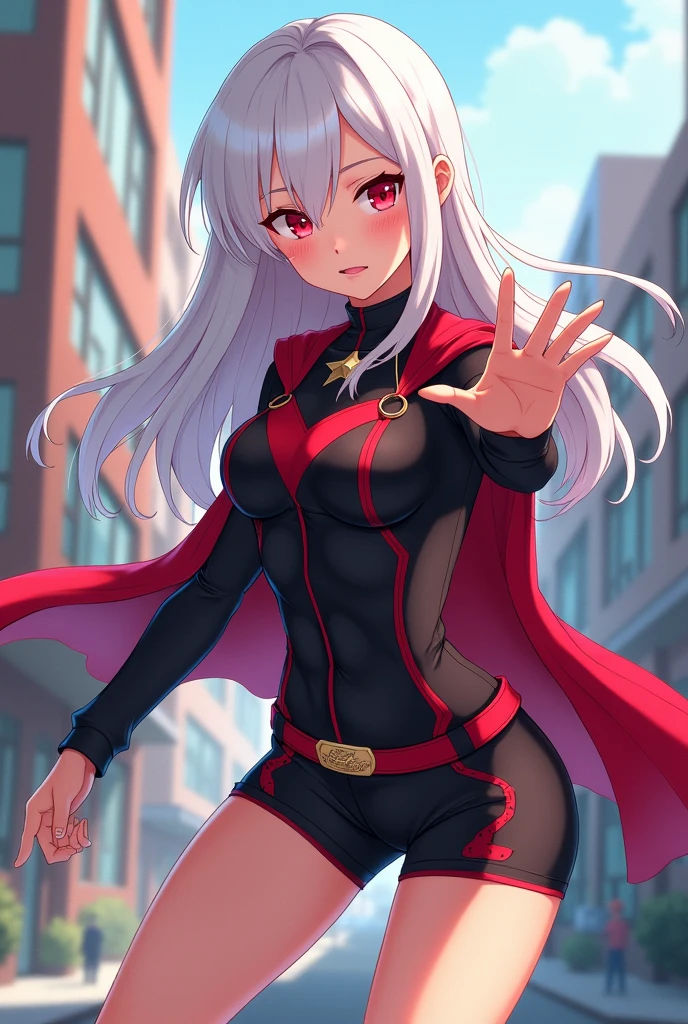 My hero academy UA student, Girl, long white hair, Red eyes, hero suit black shorts with red and a black polka dot with red