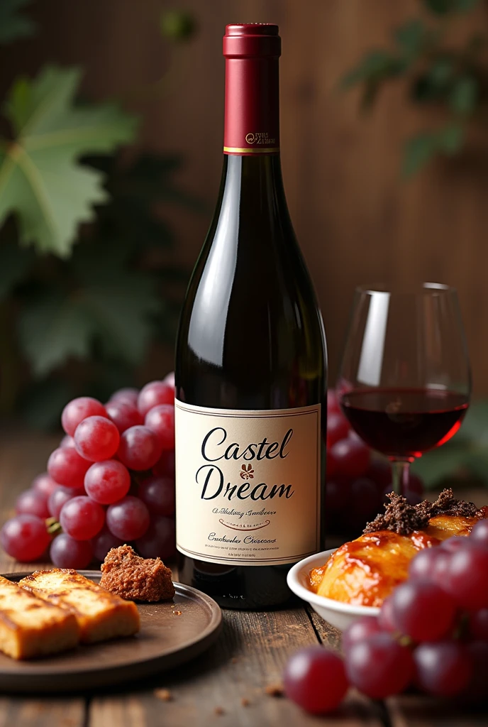 Une bouteille de vin représentant l'art culinaire , le plaisir de bouche.
Étiquette sur la bouteille avec écrit Castel Dream
Dans un style chic et romantique
Avec de la nourriture a la française et des raisins.