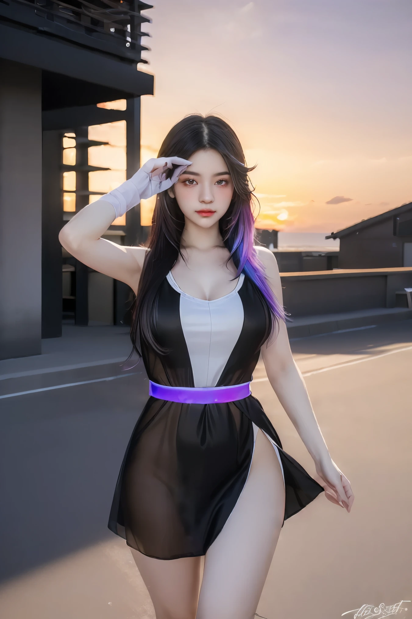 ((Masterpiece, best quality, very detailed), Volumetric light, surrounding occlusion, colorful, glow), Boy and girl, (Long hair with a gradient of white and purple),  radius, Aura, sacred, goddess,, (black dress:1.3), 
outdoor, sunset, sky, cloud, space, ((Shoot a few shots)),