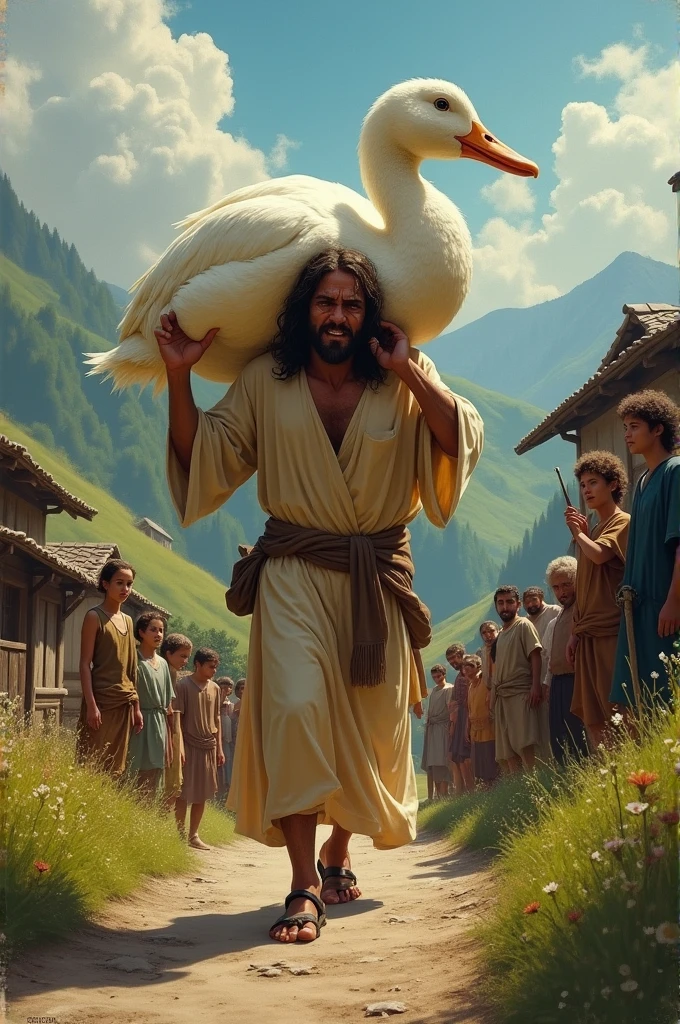 Real Jesus Christ struggling to carry a huge Giant duck on his shoulder while climbing a dirt road in a mountainous village. The scene shows villagers watching him with curiosity and concern as he appears to be crying. The setting is a rustic village with traditional houses and green hills in the background."and he is crying. Water fals in his eays