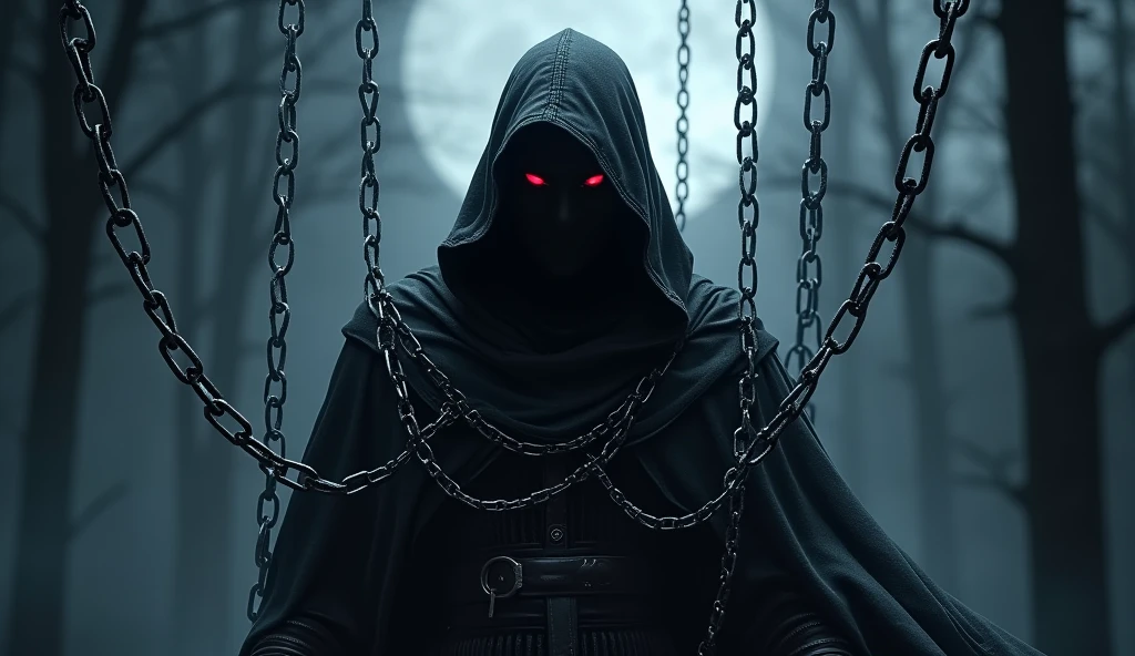 A jet-black assassin clad in chains、Medieval Assassin、((Silver chains floating in the dark night))、Red eyes、Black hood 