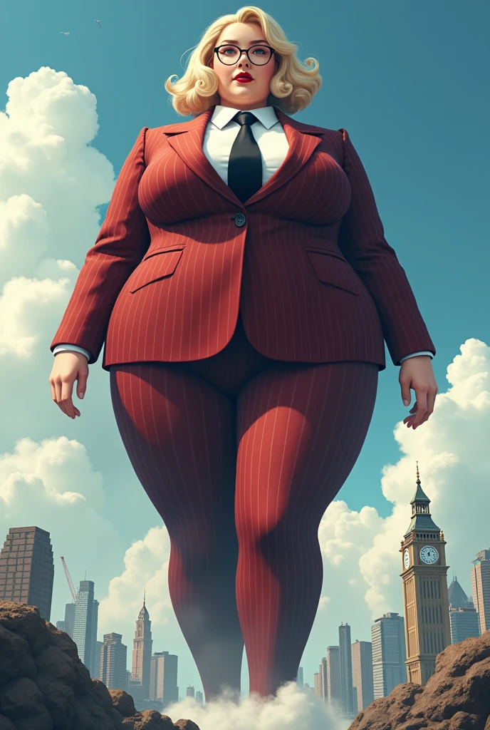 (photorealism:1.2), beautiful schoolgirl a massive curvy blonde ponytail red lips wearing a perfect dark red pinstripe suit with a thick black tie large collar large breasts. , standing, giantess art, highly detailed giantess shots, giantess, most detailed, perfect face, Two legs, Five fingers, short hair, A high school girl who is bigger than a skyscraper, Wearing rimless glasses, smile, huge breasts, Red tie, , Steam coming out from the soles of my feet, seaside metropolis, numerous Destroying cities, Under heavy attack, A very small big city, Miniature metropolis, Full body description, GTS, giga giantess, gigagts, stomping city, crash city, tiny city, micro city, , High resolution, highest quality, masterpiece,