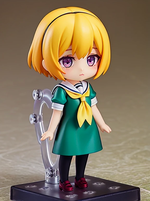 Museum, exhibit, Satoko Hojo
, 1 female, solo, Yellow Hair, blonde, Purple eyes, short hair, hair band, Flat chest, , Green Dress,White sailor collar,Yellow neckerchief,Short sleeve,Puff sleeves,Black Pantyhose,Flat Chest, nendoroid, Chibi Figures,