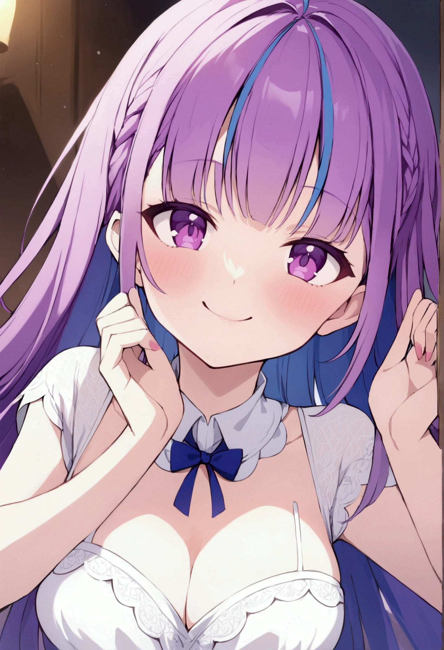Minato Akua,Hololive,Purple Hair,Blue Hair,Purple eyes,Large Breasts,dress、Small breasts、dress、Hololive、smile、Be happy、Red cheeks、