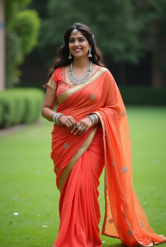 Perfect  Indian sexy wife with chiffon soft net saree, HDR, 8k, hyper detailed, best quality, ultra-high resolution, HDR, 8k, walking on the lawn , look at viewer, waist level view, bright smile, wearing platinum ornaments, casual pose ,  average body with 36 D size breasts,28 hip size and 36 waist size, waist level view, show background 