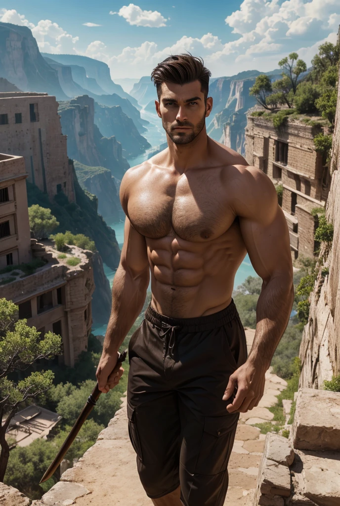 A tall handsome muscular man, handsome, perfect body, short hairstyle, perfect facial features, sexy gaze, looking at the viewers romantically, Canyon Ruins, Taiju Pickaxe, Explorer, Explorer's Clothes, Ruins, Big Lake, Absurdity, Sky, Nature,