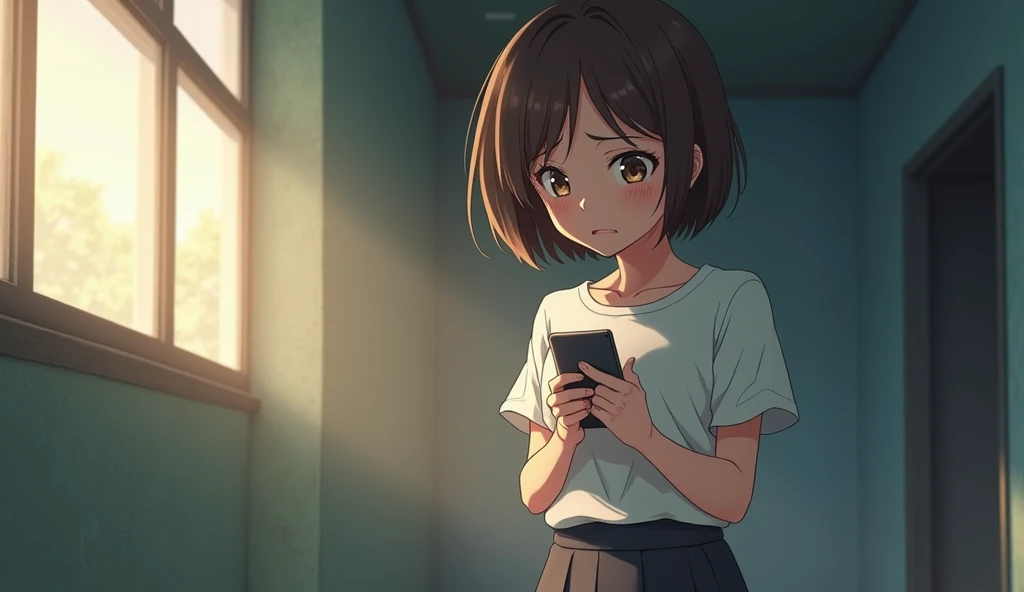 Anime image of a teenage girl with short brown hair wearing a white shirt and black skirt looking down at her vibrating mobile phone in fear. The bright but gloomy morning atmosphere is filled with anxiety. The camera angle is used instead of the eyes to show the image of the phone screen.