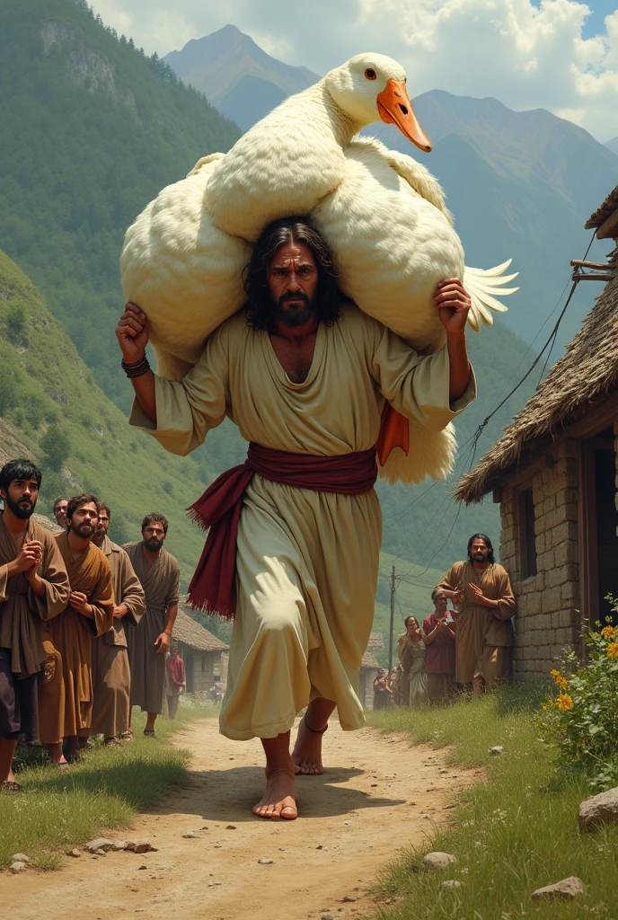 Real Jesus Christ struggling to carry a huge Giant duck on his shoulder while climbing a dirt road in a mountainous village. The scene shows villagers watching him with curiosity and concern as he appears to be crying. The setting is a rustic village with traditional houses and green hills in the background."and he is crying. Water fals in his eays