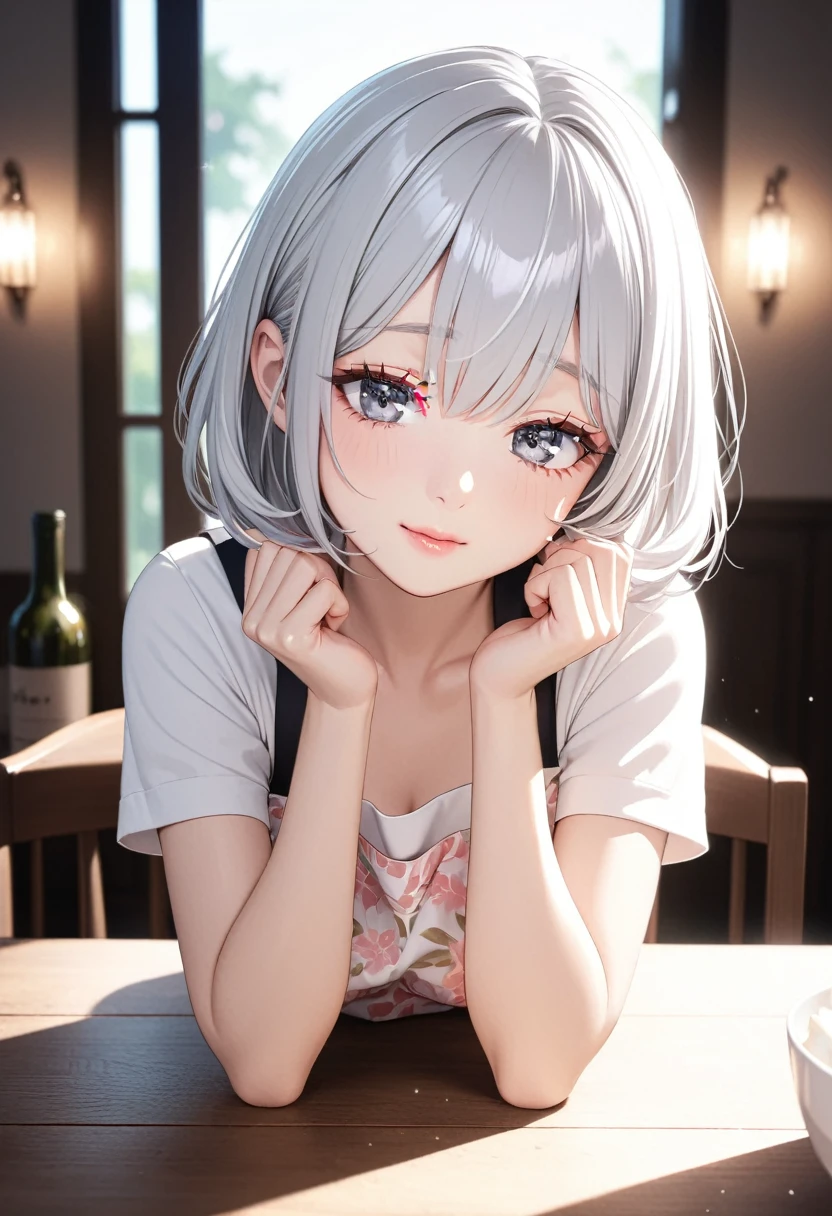 masterpiece, glowing particles, ambient lights, cute, full body detailed, 32K, high details, perfect lighting, perfect anatomy, soft light, BREAK ((shiny silver hair)), bob cut, bang between eyes, beautiful hair), (glossy silver eyes:1.5), (beautiful eyes, twinkle eyes, large eyes, close eyes), BREAK (athlete body), cute face, beautiful face, pretty face, beautiful, best quality, good anatomy, long eyelashes, expressive eyes, Perfect Hands, BREAK 1girl, pink botanical print apron, white shirt, short sleeves, afternoon, dining room, she is trying to make a meringue by whisking the egg whites in a bowl,
