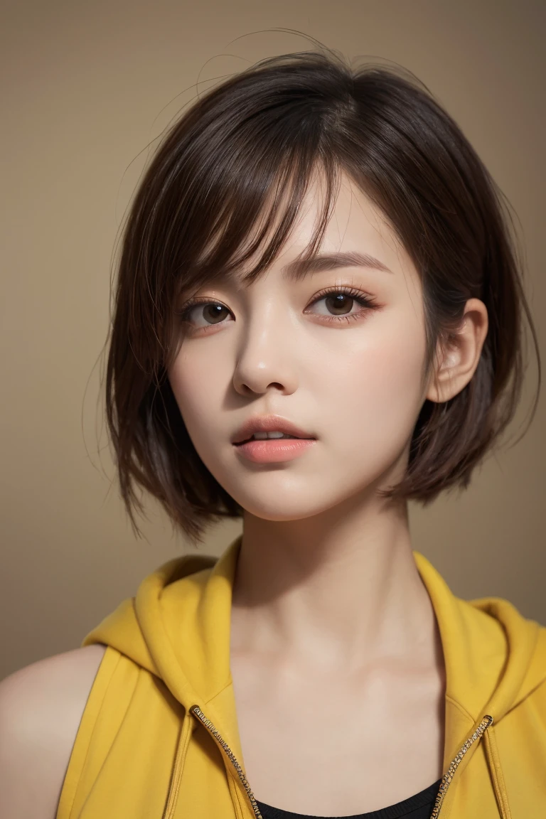 masterpiece, Highest quality, Very detailed, 8k, Realistic, One Girl, alone, Tomboy, Very detailed face, (head shot:1.5), Upper Body, Light brown pixie cut hair, She is wearing a short black tank top and an open-zipped yellow hoodie., Emphasise that you&#39;re not wearing a bra、Reaching into the pocket of a hoodie
