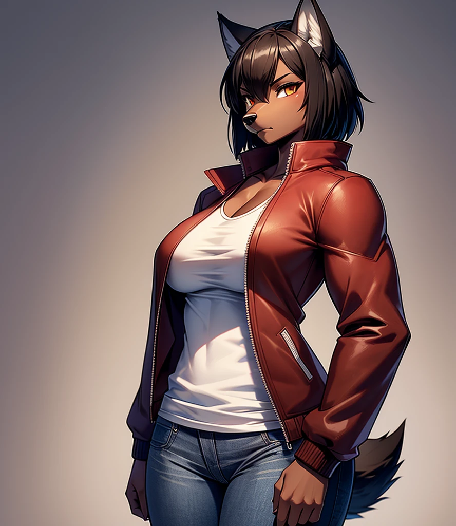 By r-mk, ((Wolf)) (woman) ((brown skin)) standing straight, red cotton jacket, white t-shirt, jeans, black hair, [[serious face]], female eyes, tall woman (furry), ((muscles)), 30 years old, [medium size breast], ((cotton jacket)), [[short hair]], detailed face, good anatomy, simple background, ondulated hair, [wolf snout], solo, [face close up], short wolf tail, 2d, 1girl, [short jacket], high resolution