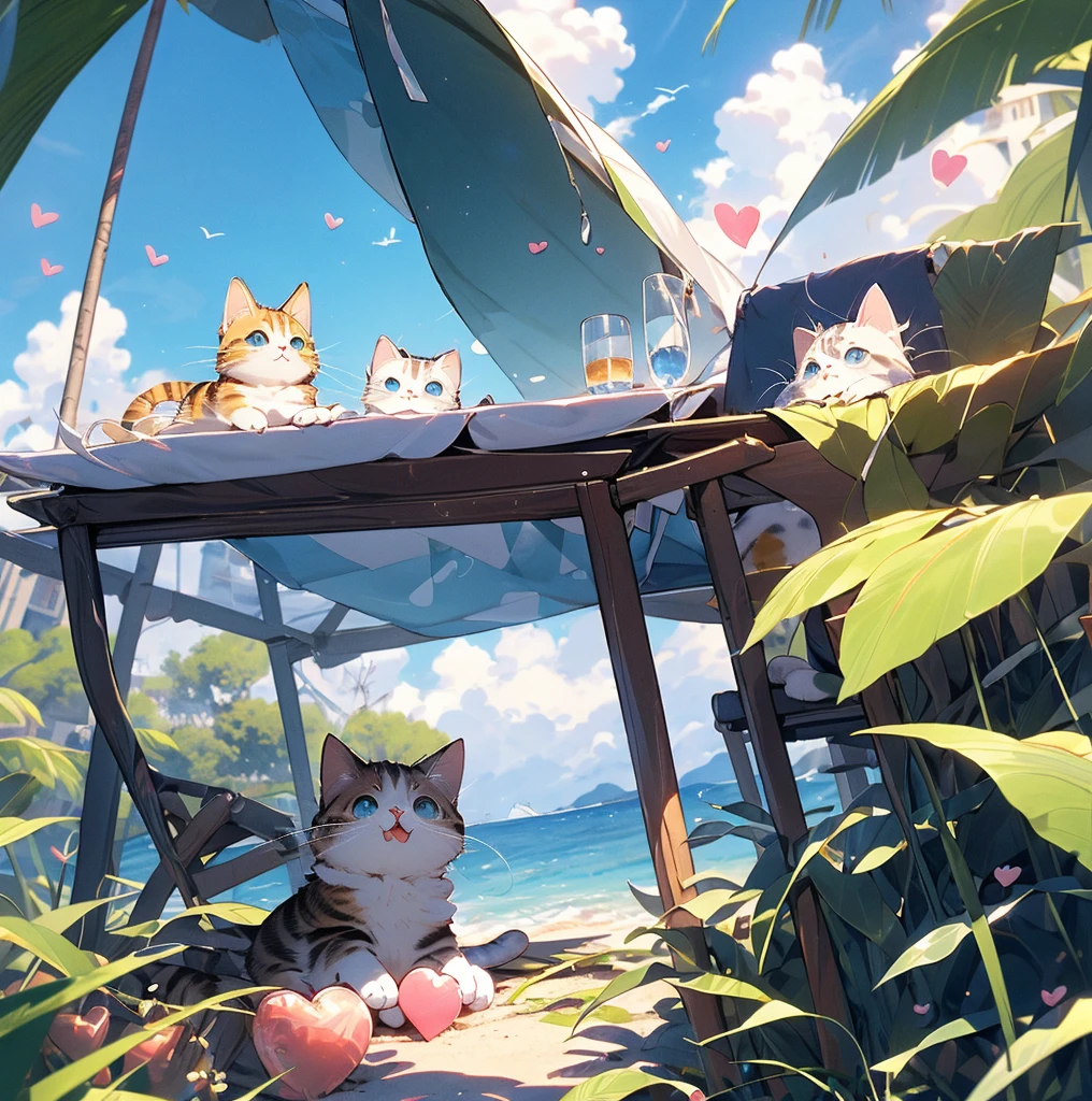 absurderes, ultra-detailliert,bright colour,(8K:1.5),masuter piece,Hearts fly,Bright scenery、For that, blue open sky,(Deep Blue Eyes:1.4) Valley、Pink skin、Summer morning、(Cat's Paradise),