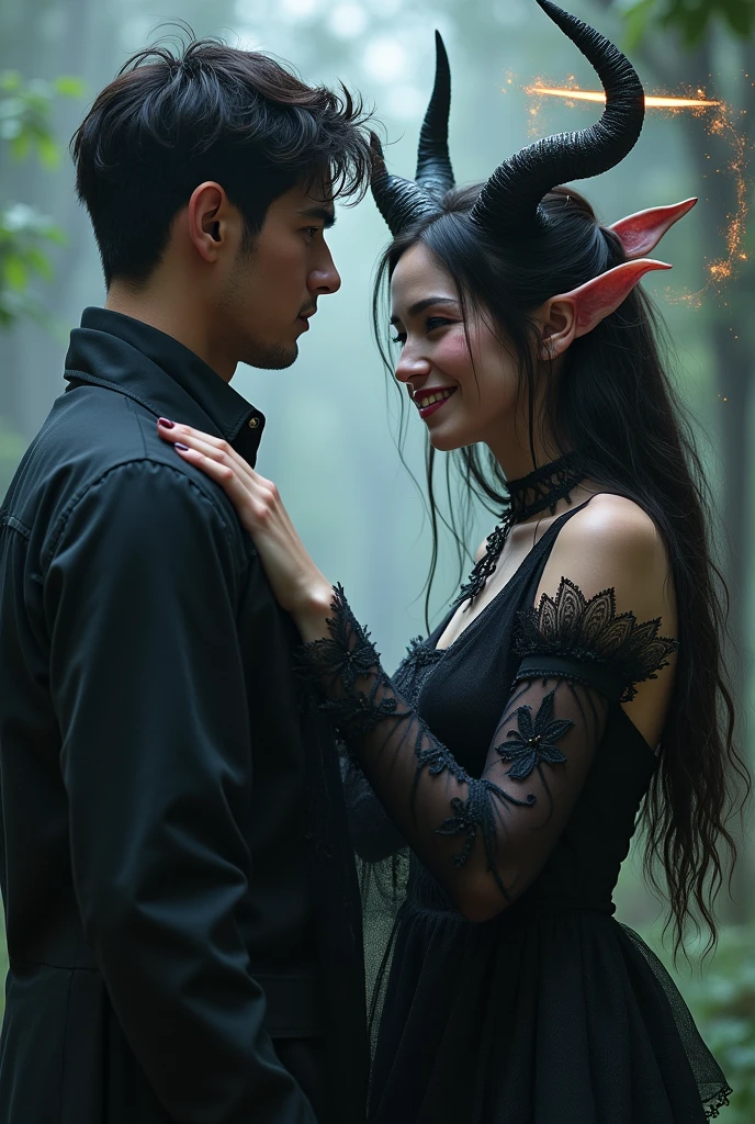 "A human male with a displeased expression, standing close to a female demon with large, uneven horns. The female demon is wearing dark, semi-transparent clothing with a mystical, flowing design. She has a playful smile, with her eyes slightly squinted in a teasing manner, and her glossy, light pink lips are curved into a grin as if holding back laughter. She gently places one hand on the man's shoulder in a gesture of mock concern, while her other hand is slightly raised as if trying to hide her amusement. The background is simple, emphasizing the interaction between the human and the female demon." Angel Halo, Highest quality, High resolution, Background blur, Simple Background,