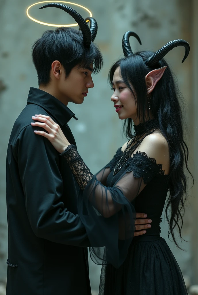 "A human male with a displeased expression, standing close to a female demon with large, uneven horns. The female demon is wearing dark, semi-transparent clothing with a mystical, flowing design. She has a playful smile, with her eyes slightly squinted in a teasing manner, and her glossy, light pink lips are curved into a grin as if holding back laughter. She gently places one hand on the man's shoulder in a gesture of mock concern, while her other hand is slightly raised as if trying to hide her amusement. The background is simple, emphasizing the interaction between the human and the female demon." Angel Halo, Highest quality, High resolution, Background blur, Simple Background,