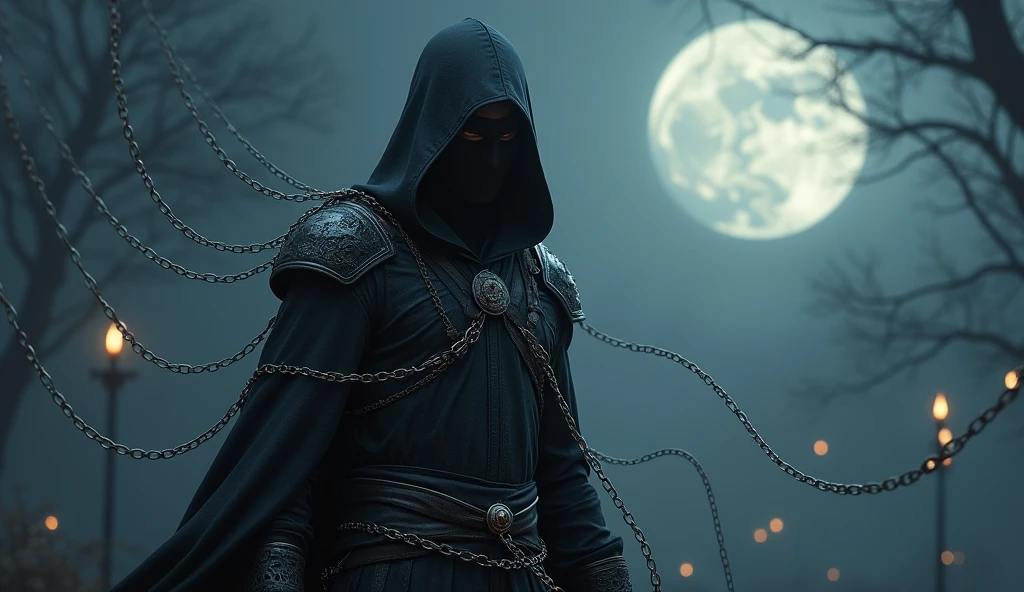 A jet-black assassin clad in chains、Medieval Assassin、((Silver chains floating in the dark night))、Red eyes、Black hood 、beautiful moonlit nigh、