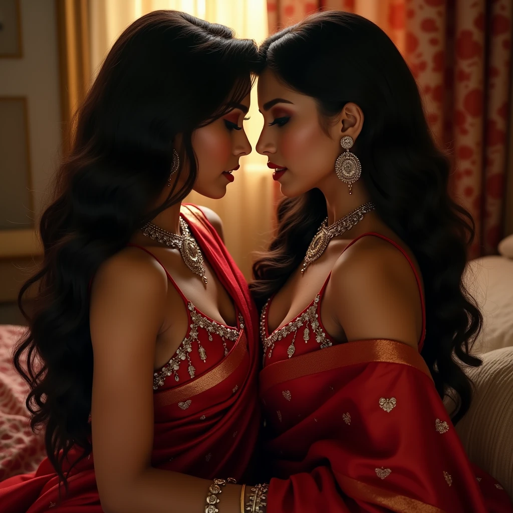 Two very sexy Indian housewife with the same husband long hair wearing a royal red saree sitting face to face with each other holding each other's body in sexy argument and kissing