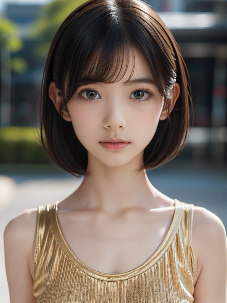One Girl,(とてもcute少女:1.3),masterpiece,Highest quality,High resolution,Photorealistic,RAW Photos,Ray Tracing,Physically Based Rendering,beautiful girl,(:1.3),cute,Big eyes,(detailed pupils:1.2),(The face is facing sideways:1.3),Body facing sideways,Beautiful nose,High nose,Upturned nose,Fuller lips,Short black hair,ponytail,short hair,Detailed eyelashes,Thin eyebrows,Very fine grain definition,(Golden Ratio:1.3),(Face close-up,Face Focus:1.0),Small breasts,Slim figure,Short neck,Sloping shoulders,Tank top,white,Simple Background,Portrait,View Viewer,Upper Body,Cinema Lighting,High resolution,Very detailed