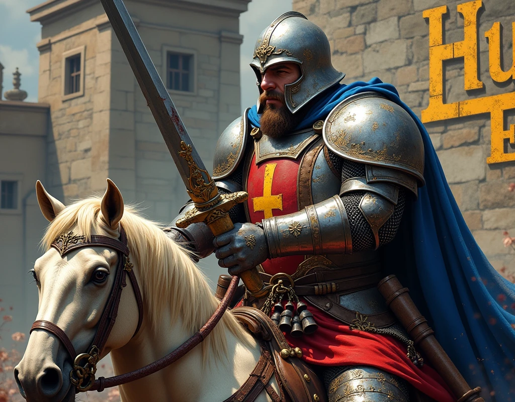 A poster depicting a heavy boar man brandishing a two handed sword, blue and red coat of arms with thin vertical yellow sword painted upwards, damaged by fighting. medieval battered chain mail, luxury ornaments, with precious stones, helmet, very battle-damaged, covered by blood. He's on horse, front a chapel with (the words "Huebald" written in large golden letters in the foreground).