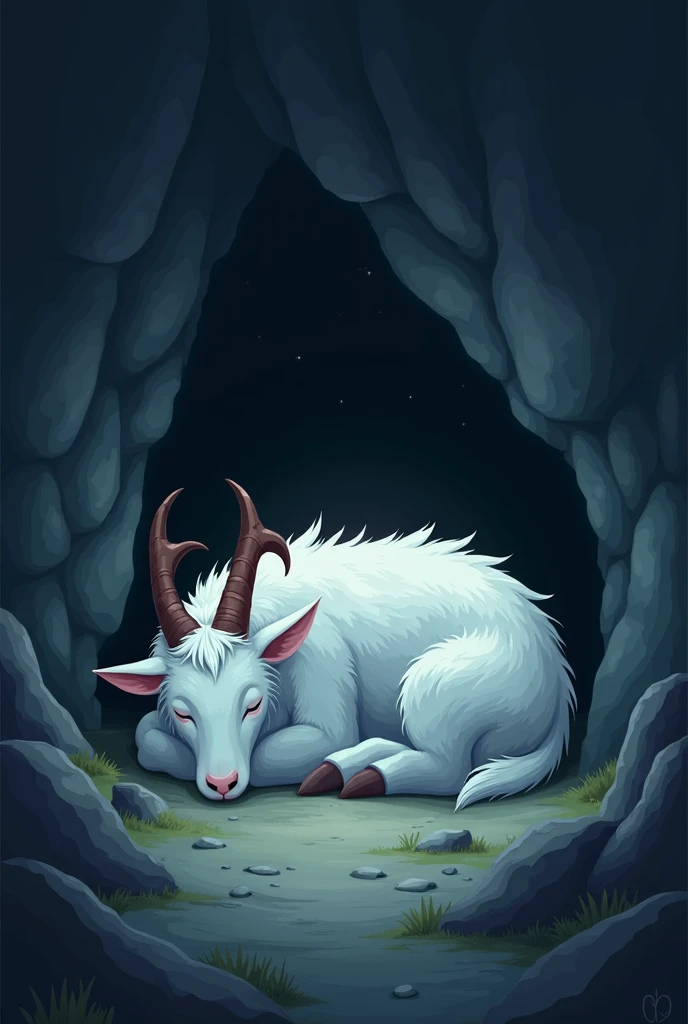 white fur creature, shaped like goat, big body, have deer's antler, sleeping on ground, inside dark cave, 2d style, night time