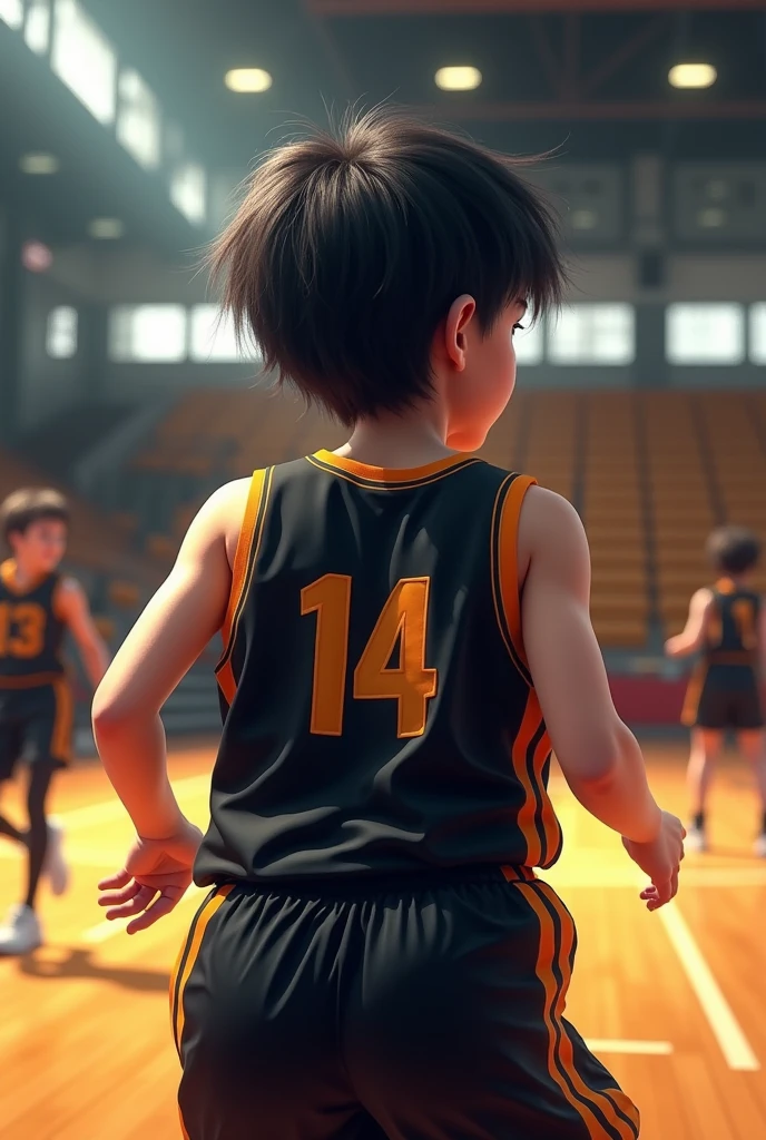 basketball、gym、Number 14、Name AN、Uniform black、A lively girl、Short hair sweat、energy、cool、Real、4K、Dashing、Back view,Cinema Lighting,(Highest quality,8k,High resolution,Masseter muscle area:1.2)