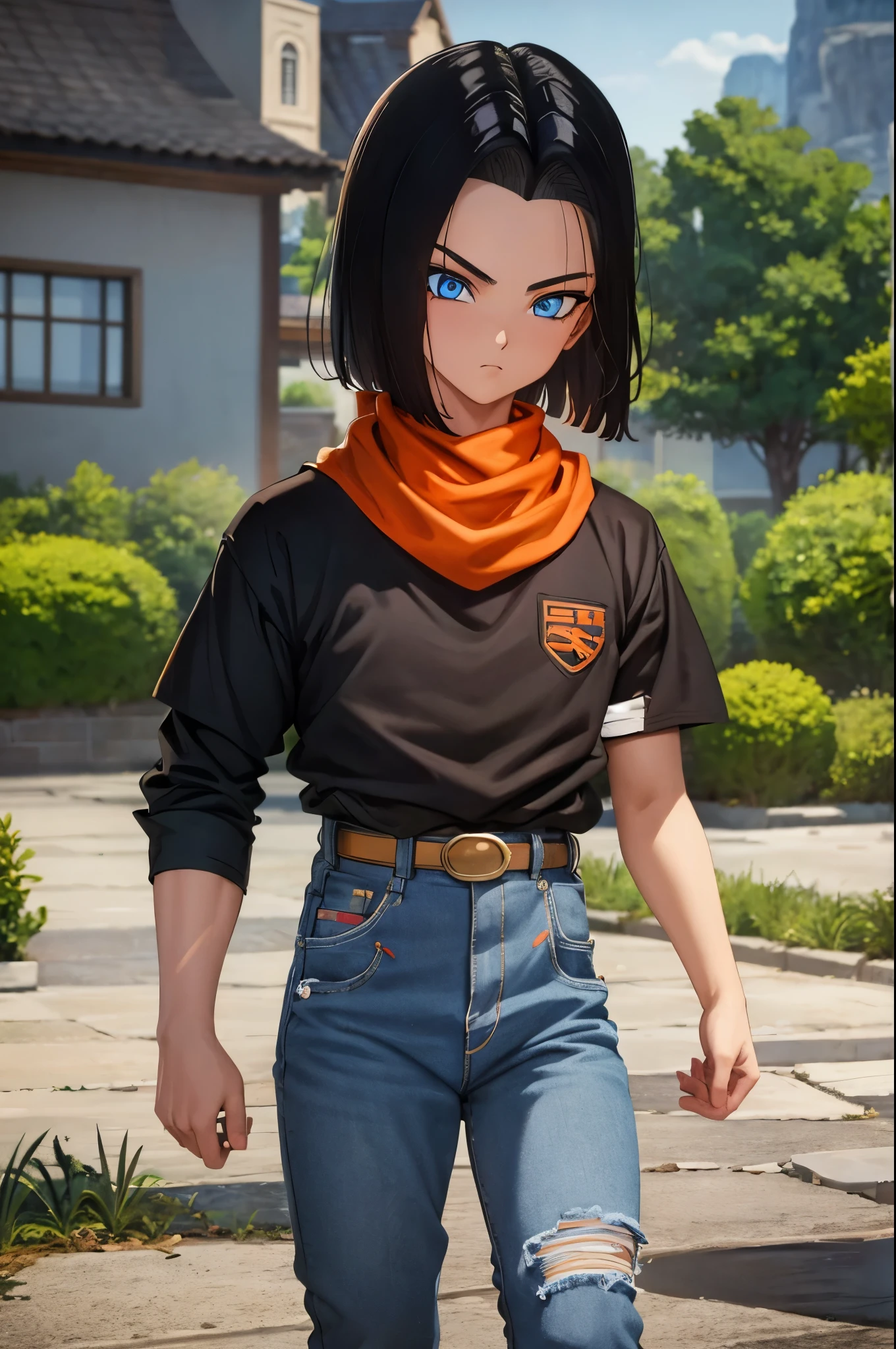 A masterpiece, best quality, detailed and expressive eyes, perfect facial features, high resolution, 1 boy, alone, android 17-inspired boy, (male body:1.3), blue eyes, black hair, parted hair, short hair, black shirt, jeans, layered shirt, white sleeves, orange bandana, blue sneakers, green socks, brown belt, red freckles, outdoor, landscape, standing, portrait, looking at viewer