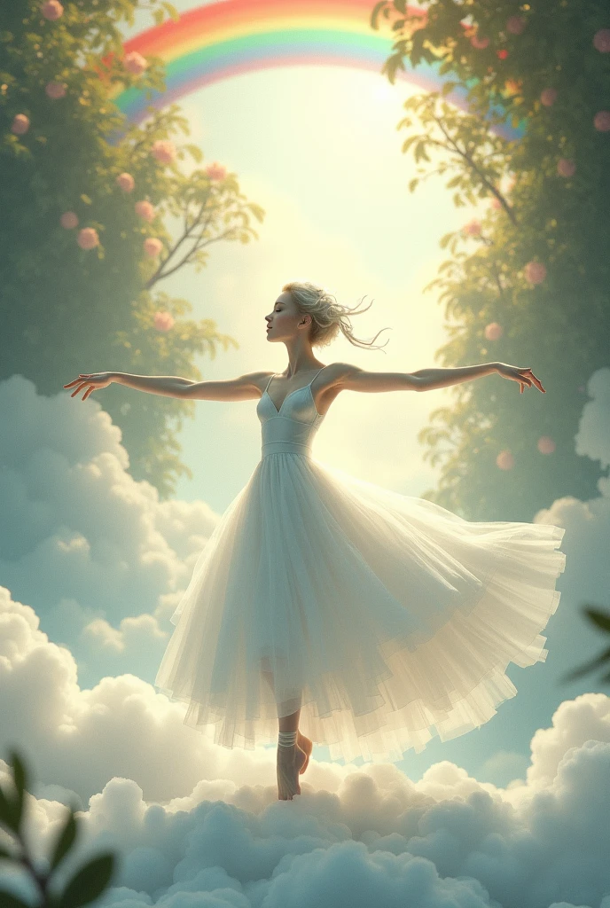 A whimsical dancer gracefully poised in mid-movement, her entire body is pure white, her arms and neck is pure white. Her head is pure white. The background is a lush, enchanted sky island with a clouds and rainbow, soft sunlight filtering through the canopy, and a carpet of  clear and calm cloud with rainbow underfoot. The scene is serene yet full of life, capturing the magic of enchanted sky."