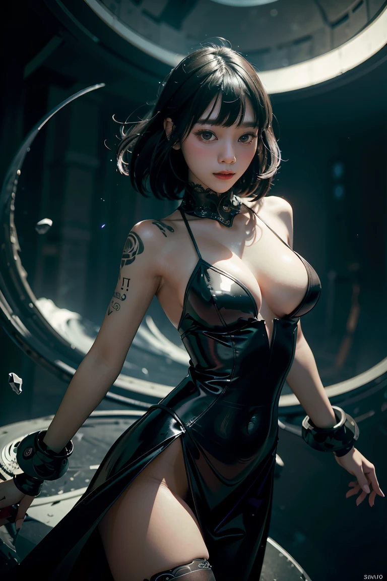 ((masterpiece, best quality)), ultra detailed 8k, photorealistic, sharp focus, highly detailed, professional lighting , shadowmancer, photo of a woman, ink particle, ((swirling black ink floating around)), futuristic fantasy, futuristic black dress, dynamic pose, realistic, masterpiece, intricate details, detailed background, depth of field,