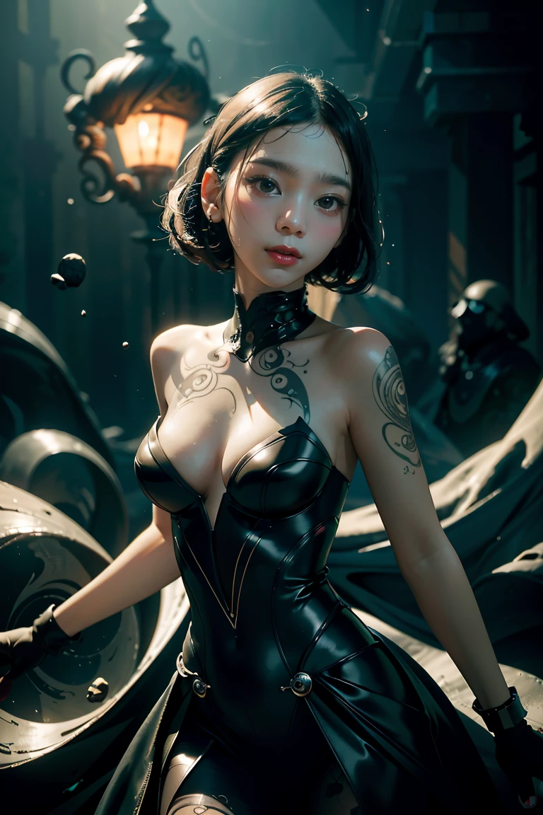 ((masterpiece, best quality)), ultra detailed 8k, photorealistic, sharp focus, highly detailed, professional lighting , shadowmancer, photo of a woman, ink particle, ((swirling black ink floating around)), futuristic fantasy, futuristic black dress, dynamic pose, realistic, masterpiece, intricate details, detailed background, depth of field,