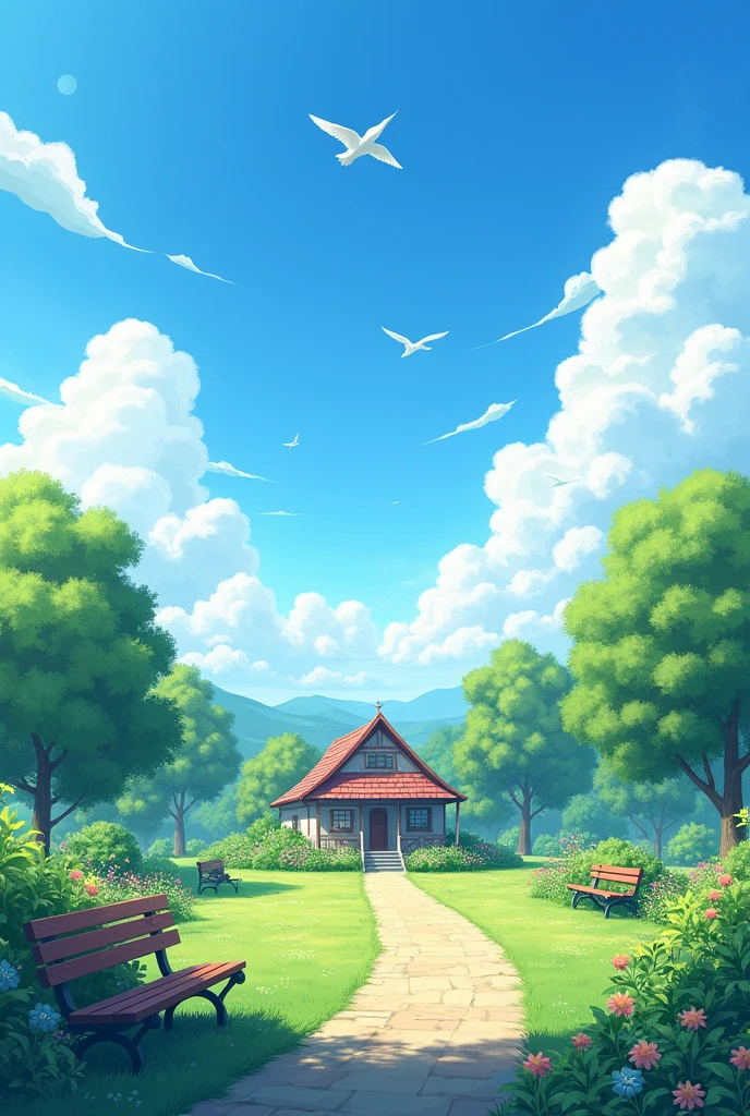 Nature image with beautiful sky and one to two birds a small house with open garden with benches