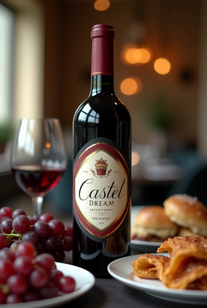 Une bouteille de vin représentant l'art culinaire , le plaisir de bouche. 
Étiquette sur la bouteille avec écrit Castel Dream 
Dans un style chic restaurant 5 étoiles 
Avec de la nourriture a la française et des raisins.