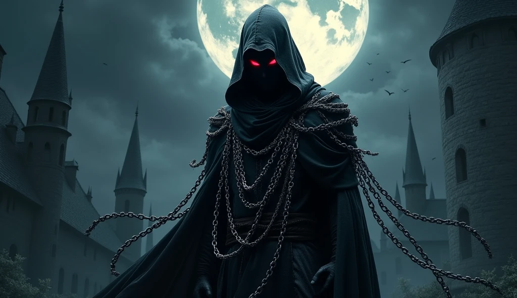 A jet-black assassin clad in chains、Medieval Assassin、((Silver chains floating in the dark night))、Red eyes、Black hood 、big sun