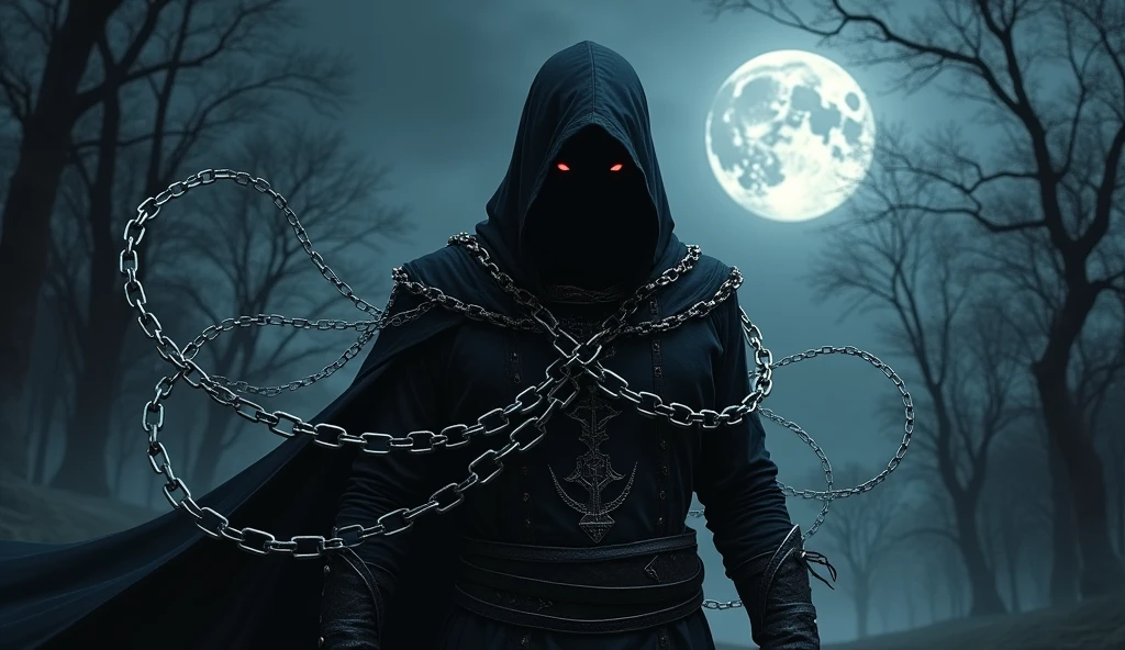 A jet-black assassin clad in chains、Medieval Assassin、((Silver chains floating in the dark night))、Red eyes、Black hood 、big sun