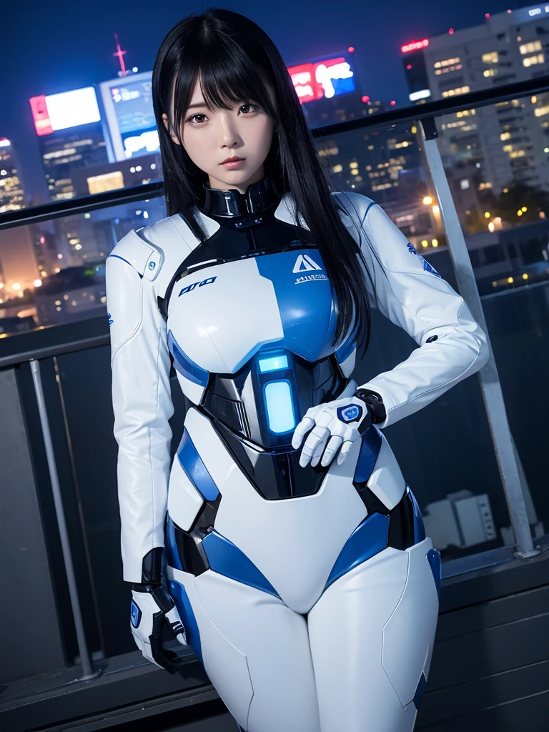 Japanese female android,Black Hair,White and blue robot suit,Plump,Watching the night view from the observation deck in the park,