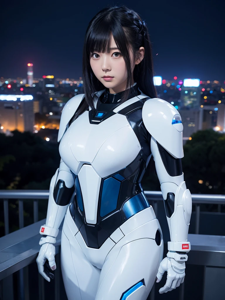 Japanese female android,Black Hair,White and blue robot suit,Plump,Watching the night view from the observation deck in the park,