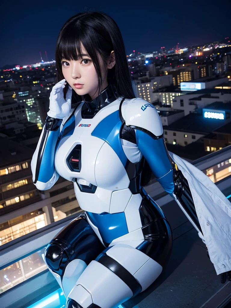 Japanese female android,Black Hair,White and blue robot suit,Plump,Watching the night view from the observation deck in the park,