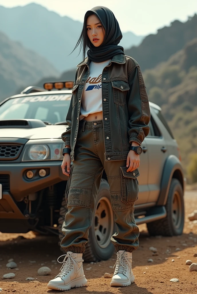 8k,Realistic Skin Texture、Superrealism、Photo Realistic、Japanese Woman、Fashionable Hijab, Mad Max Picture、In Indonesian Mountain、Black brown jeans jacket, white Saleho logo t-shirt, cargo pants, cool black watch, white shoes, Standing Next to Fortuner Sports Car、Boots、Determined to Take Revenge、1girl, High Resolution, Soft Lighting,