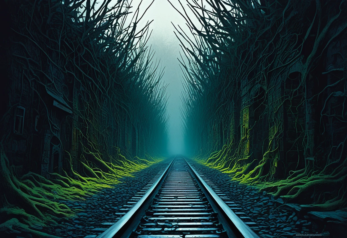 An abandoned gothic railway yar, grungy with overgrown vines ghost derelict trains, crepuscular rays, disturbing art, truly terrifying, phenomenal horror fiction tarot card art, gritty and vivid colours, macabre, demonic and cursed gothic horror art, hand painted, surreal science fiction painting in the styles of: “ Simon Stålenhag, alexey egorov, bob peak, Romain Trystram, Dariusz Zawadski, Zdzisław Beksiński, Stefan Meisel , Johann Zambryski and Wayne Barlowe”, intricate details, superbly crafted, grunge, dungeonpunk, supernatural, paranormal art, dark occult gothic skull art, vivid, raw details, spooky, macabre horror, dark gothic skull art, magnificent details, ominous art, gritty, frightening and visually disturbing, unsettling, gothic noir, neon grunge avant garde overlay, black and white grunge overlay, fantastic horror, terrifying, cerebral, somewhat existential, grim noir, spectacular artistic fusion, frightening art,