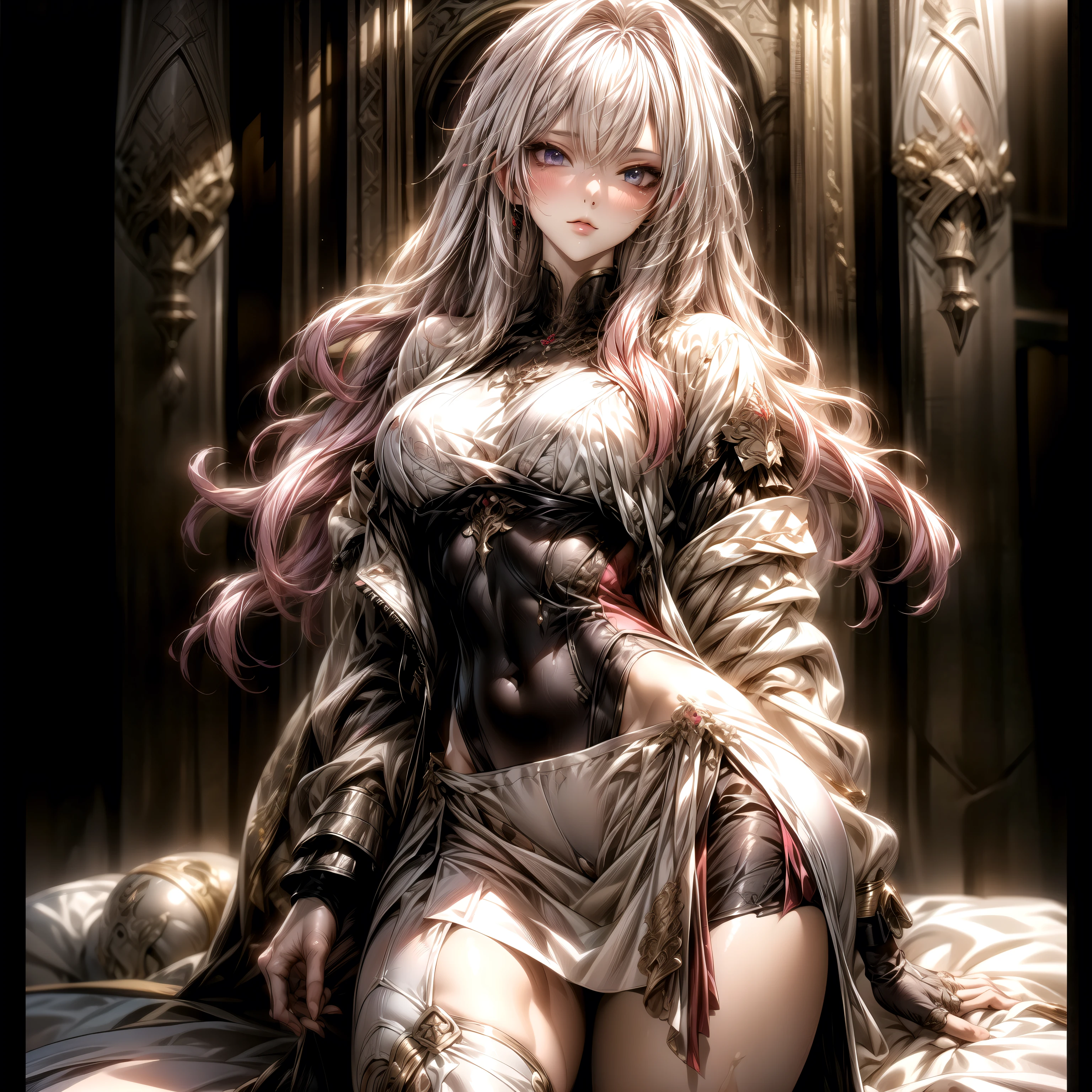(best quality)), ((Masterpiece)), (details:1.4), 3d, HDR (high dynamic range), an image of a beautiful cyberpunk female, fantasy, medieval, Cyberpunk, Sleek style, pink hair, Curtain Bangs, hips up, Beautiful White eyes, จมูกโด่ง, ปากแดง, หน้าอกใหญ่, nvidia RTX, PBR surface, After processing, Anisotropic filtration,depth of field, Maximum clarity and clarity, multi-layered surface, Subsurface scattering, perfect proportions, 8K raw files, ultra detailed, Perfect proportions, volumetric lighting, soft lighting, Holy Paldin, Heavy Golden Armor, White dress, intricate Silver embroidery, glossy skin, Bed room Background, jewely, ต่างหู, mini white skirt, glove, long-sleeved jacket,