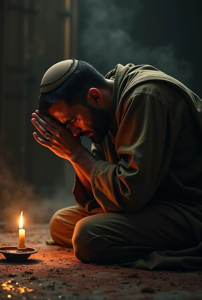 A muslim man is regretting by crying in night for his sins to allah