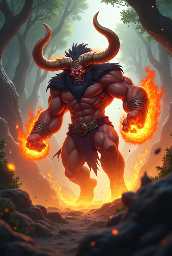 a detailed illustration of Hylos from mobile legends, a forest destructor character, using fire power and volcanic aura, highly detailed, intricate, dynamic pose, dramatic lighting, deep saturated colors, cinematic composition, digital art, concept art, hyper realistic, octane render, 8k, photorealistic, sharp focus, studio lighting, physically-based rendering, extreme detail description