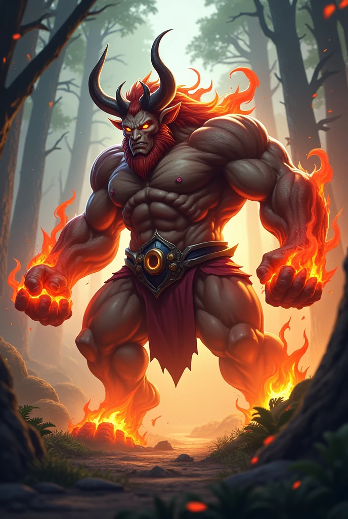 a detailed illustration of Hylos from mobile legends, a forest destructor character, using fire power and volcanic aura, highly detailed, intricate, dynamic pose, dramatic lighting, deep saturated colors, cinematic composition, digital art, concept art, hyper realistic, octane render, 8k, photorealistic, sharp focus, studio lighting, physically-based rendering, extreme detail description