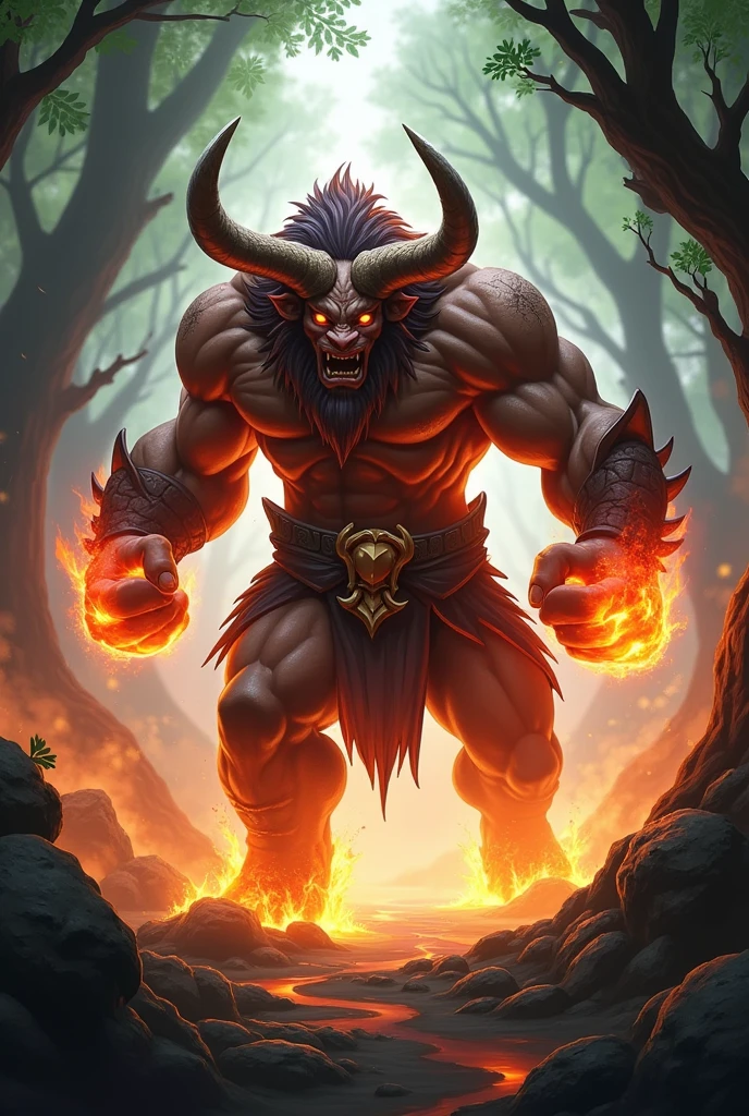 a detailed illustration of Hylos from mobile legends, a forest destructor character, using fire power and volcanic aura, highly detailed, intricate, dynamic pose, dramatic lighting, deep saturated colors, cinematic composition, digital art, concept art, hyper realistic, octane render, 8k, photorealistic, sharp focus, studio lighting, physically-based rendering, extreme detail description