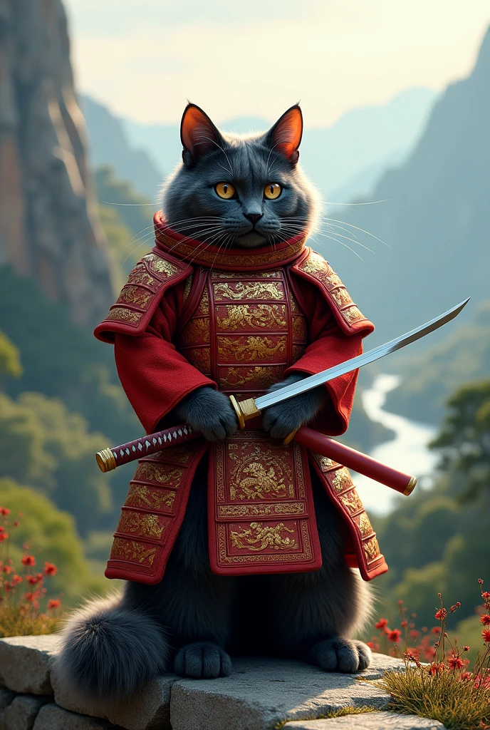 cat. British fold-eared dark gray color.  Stands on two paws. Dressed in red samurai armor with beautiful decorations. He holds a katana in his hands. Background mountain, river and trees. 4k. 