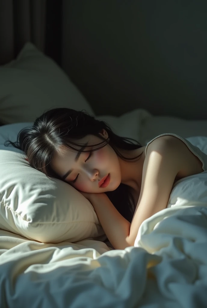 A beautiful korean girl sleeping on the bed, full body view, sexy, feet are visible 