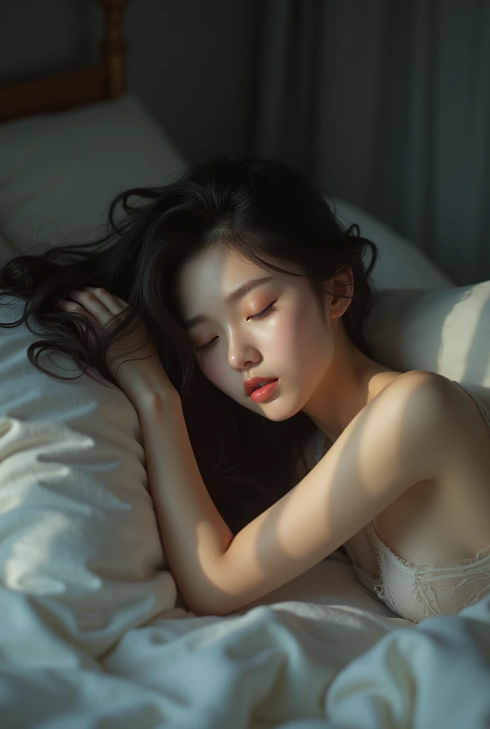 A beautiful korean girl sleeping on the bed, full body view, sexy, feet are visible