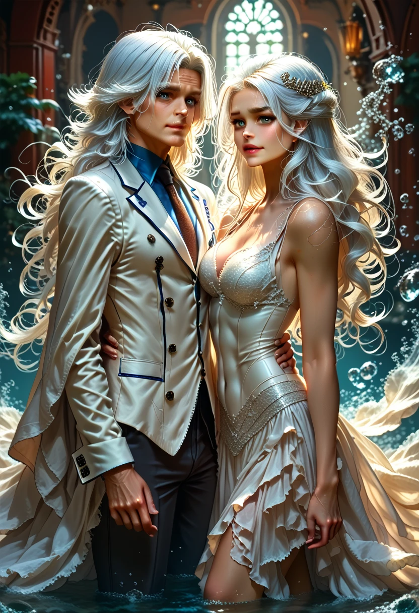 two people in formal wear posing for a photograph, barge and sakimichan, work in Guweiz style, wlop and ross tran, Wlop and Andrey Ryabovichev, neoartcore and Charlie Bowwater, loish and pluch, The Knight and the Princess, loish and ross tran, with white hair