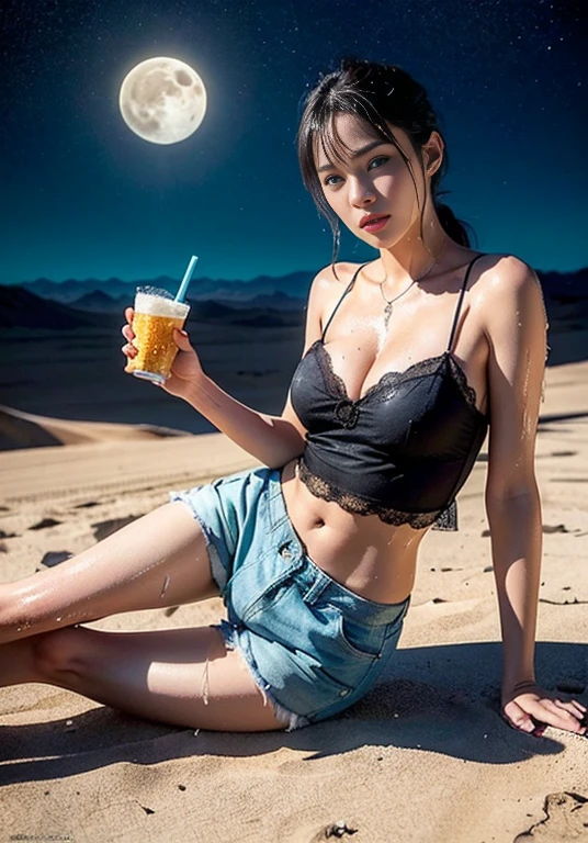  (((Aerial Photography))), (((The desert in the background is reminiscent of Mad Max.))) , (((night))), (((Starry sky and moon))),A boldly composed photograph of a Japanese woman that looks like it was taken by a famous artistic photographer, (((Blockbuster art photography)), (8k, Highest quality). A stunning composition using a model with excellent proportions. Perfect beauty model with a confident and balanced appearance, ((Highest quality質)), ((masterpiece)), (Familiar:1.4), ((Highest quality質のリアルな写真)), ((Shot with Hasselblad)), ((Best photo quality)), Beautiful womanの画像,Super Resolution,Slim and perfectly proportioned, Beautiful woman, ((Highest quality質, 8k, masterpiece: 1.3)), Beautiful woman, 1 female, Slim figure: 1.1, Perfect beauty, 20-year-old, (Realistic: 1.4), Ahegao, Shining Sweat, thin, Art photo composition with space around the woman, See through, Full body photo, Anatomically correct hand, Anatomically correct legs, anatomically correct whole body, White camisole and shorts. Cowboy Shot, (((Holding your crotch with your hand))). Spread your legs, Drinking Calpis while showering, Nipples are protruding,, (((My camisole is wet with Calpis))), (((Being drunk))), (((Drooling))),  (((Lying on one&#39;s back))), (((The background is a vast desert landscape))), (((night))), (((Starry sky and moon))), (((The desert in the background is reminiscent of Mad Max.)))) , (((Aerial Photography))), (((smile)))