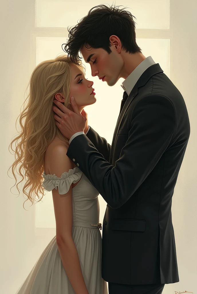a couple, She is white and short in stature, long wavy blonde hair, he a tall man, dark hair, handsome. He is dressed formally, She with a simple dress, they look at each other face to face, He is lightly caressing the girl's cheek, She has a melancholic countenance. Deep down a broken heart under construction.